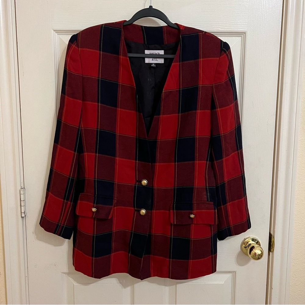 Plaid Red, Maroon and Blue Women's Blazer